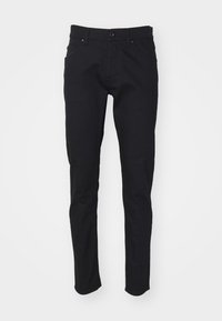 Černé bavlněné kalhoty s úzkým střihem, které mají zapínání na knoflík a zip, přední kapsy a hladkou texturu.