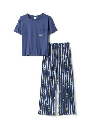 Marineblaues Kurzarm-Top mit „Peanuts“-Taschenprint, kombiniert mit marineblauen gestreiften Pyjamahosen mit Peanuts-Charakteren und Kordelzug an der Taille.