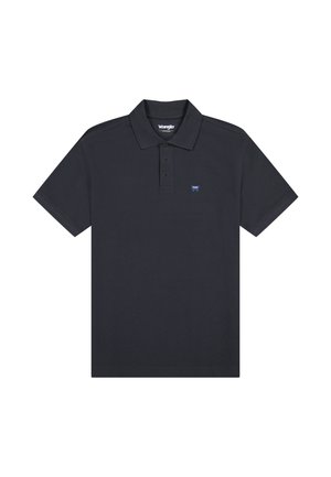 Black short-sleeve polo shirt with collar, three-button placket, and small blue Wrangler logo on left chest.