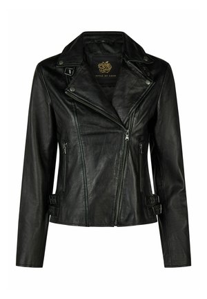 Schwarze Leder-Bikerjacke mit asymmetrischem Reißverschluss, Reverskragen, seitlichen Reißverschlusstaschen und Schnallendetails an der Taille.