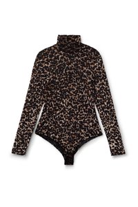 Body à manches longues en imprimé léopard, avec un col montant, en tissu noir et marron élégant, et fermeture à pressions en bas.