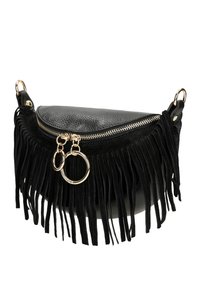 Borsa a tracolla in pelle nera con dettagli in frange, hardware dorato e chiusura a zip. Caratterizzata da anelli decorativi circolari e una finitura texturizzata.