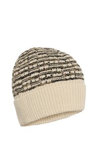 Bonnet en tricot crème avec un motif texturé de rayures noires et beiges. Doté d'un large revers côtelé. Matériau en mélange de laine doux.