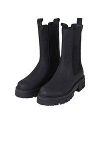 Black ankle boots made of smooth leather with elastic side panels, a thick treaded sole, and pull tabs for easy wear.