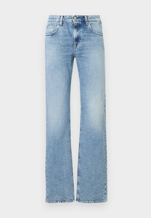 Lichtblauwe high-waist denim jeans met lichte vervaging, sluiting met een frontknop en rits, en een vijf-pocket ontwerp, met een rechte pijp.