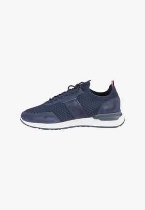 Navy blue mesh and suede sneaker with round toe, contrasting white midsole, and textured accents. Features lace-up design and ribbed collar.
