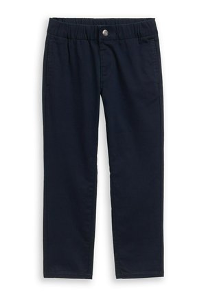 Navy blue, lightweight pants with an elastic waistband, a front pocket, and a decorative silver button detail. Straight leg design.