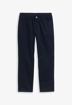 Marineblaue, leichte Hose mit einem elastischen Bund, einer Fronttasche und einem dekorativen silbernen Knopfdetail. Gerades Bein design.