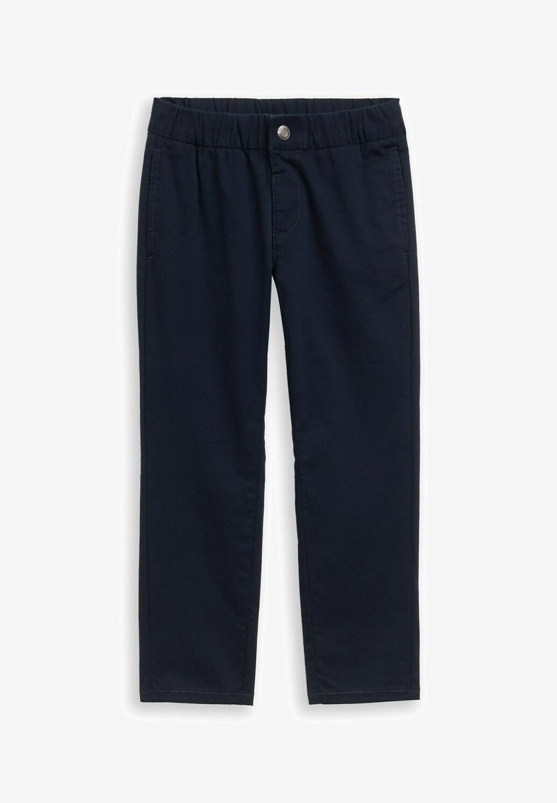 Navy blauwe, lichtgewicht broeken met een elastische tailleband, een voorkantzak en een decoratieve zilveren knoopdetails. Rechtoe-rechtaan pijpdesign.