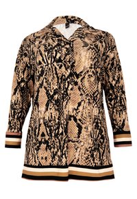 Langärmlige Bluse im Schlangenprint-Design mit beige, schwarz und braunem Farbton, kontrastierenden gestreiften Säumen und Knopfverschluss.