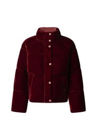 bordeauxrode donsjas met een hoge kraag, roségouden knopen, doorgestikt ontwerp en zijzakken; gemaakt van zachte, gestructureerde stof.