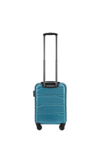 Maleta rígida en color verde azulado, con superficie texturizada, asa retráctil, 4 ruedas y un asa lateral para un fácil transporte.