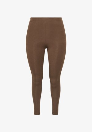 Brown ribbed high-waist leggings with a slim fit and ankle length, displayed against a plain white background.