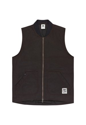 Gilet senza maniche nero con zip frontale, colletto a coste, due tasche frontali e una piccola etichetta con logo nell'angolo in basso a destra.