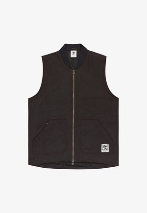 Sort ærmeløs vest med lynlås fortil, ribbet krave, to forlommer og et lille logo-patch i nederste højre hjørne.