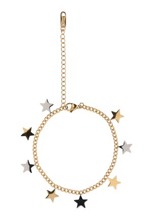 Arany lánc karkötő váltakozó arany, fekete és ezüst csillag alakú medálokkal és állítható kapoccsal.