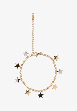 Bransoletka z łańcuszkiem ze złota z na przemian umieszczonymi złotymi, czarnymi i srebrnymi zawieszkami w kształcie gwiazd oraz regulowanym zapięciem.