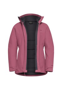 Veste imperméable rose avec un intérieur gris foncé. Dotée d'une fermeture zippée, d'une capuche réglable et de poignets élastiques. Texture lisse et design simple.