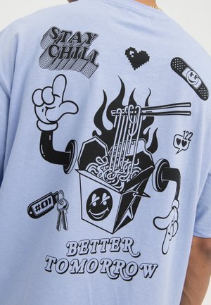 Cartoon hands hold chopsticks over a steaming noodle box with a smiling face, surrounded by text "STAY CHILL" and "BETTER TOMORROW."