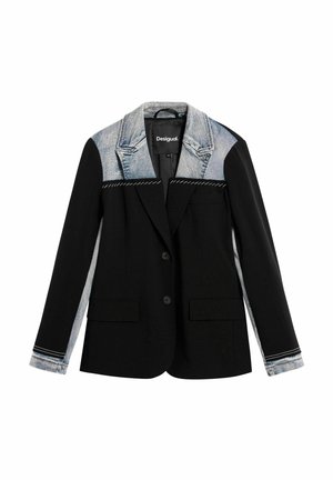 Schwarzer Blazer mit Jeans-Schultern, ausgestattet mit einem einzelnen Knopf, Pattentaschen und weißen Steppnähten an den Nähten.