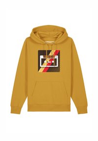 Hoodie jaune avec une poche avant et un capuchon à cordon de serrage. Présente un design graphique d'une cassette audio et des rayures colorées. En matière de mélange de coton.
