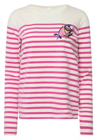 Maglia a maniche lunghe a righe bianche e rosa, con scollatura rotonda e un design ricamato di pesce sul davanti. Materiale in cotone.