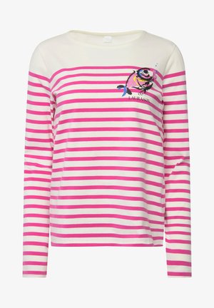 Long-sleeve striped top in white and pink, featuring a round neckline and an embroidered fish design on the front. Cotton material.