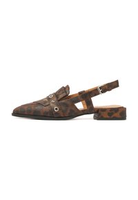 Leopard print slingback flats featuring a pointed toe, flat heel, cut-out design, and decorative metal accents on the upper.