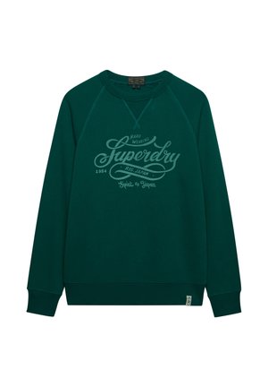 Mørkegrøn langærmet sweatshirt med rund hals, med "Superdry" skriftslogo og ekstra tekst "Hard Wearing 1964 Reg. Japan Spirit of Japan" på fronten.