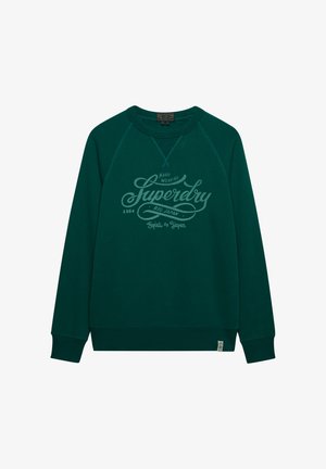 Ciemnozielona bluza z długim rękawem i okrągłym dekoltem z logo "Superdry" w formie napisu oraz dodatkowymi napisami "Hard Wearing 1964 Reg. Japan Spirit of Japan" na przodzie.