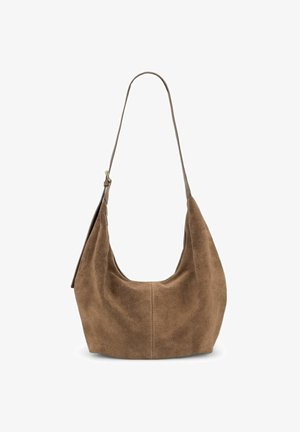 Sac à épaule en suède brown, de forme incurvée, avec une seule sangle et une texture douce. Présente une surface lisse et sans embellissements.
