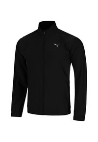 Μαύρο μπουφάν Puma με πλήρη φερμουάρ, μακριά μανίκια, ελαστικά μανσέτες, όρθιο γιακά και μικρό λογότυπο Puma στο αριστερό στήθος.