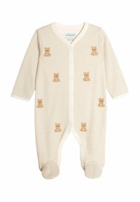 Romper per bebè a righe crema con ricamo di orsetto, bottoni a pressione, maniche lunghe e piedi chiusi. Materiale in cotone, texture morbida.