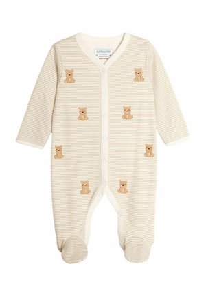 Gestreifter cremefarbener Baby-Overall mit Teddy-Bären-Stickerei, Druckknöpfen, langen Ärmeln und geschlossenem Fußbereich. Baumwollmaterial, weiche Textur.