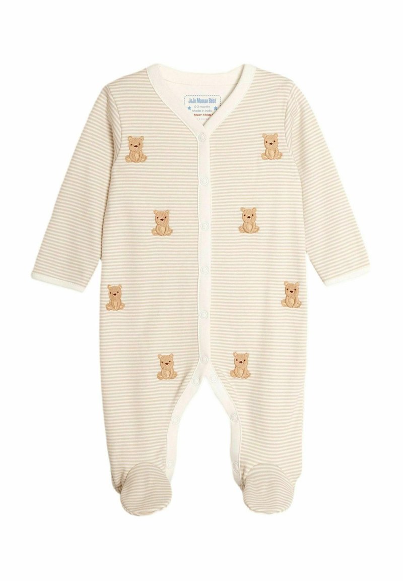 Romper per bebè a righe crema con ricamo di orsetto, bottoni a pressione, maniche lunghe e piedi chiusi. Materiale in cotone, texture morbida.