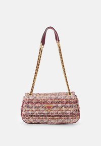 Borsa rettangolare in tweed multicolore con un motivo trapuntato. Presenta una tracolla in catena dorata e un accento in pelle bordeaux.