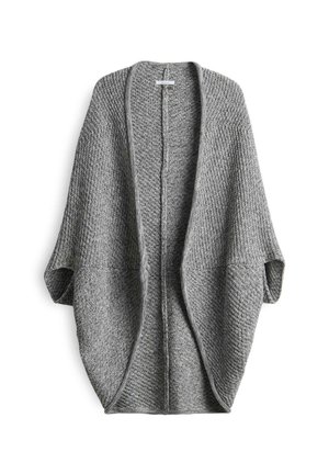 Gray knitted open-front cardigan with wide sleeves and textured pattern, displayed flat on a white background.