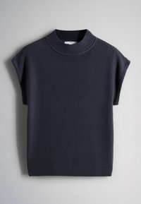Dark gray sleeveless knit top with high ribbed collar and wide ribbed hem, displayed flat on a light background.