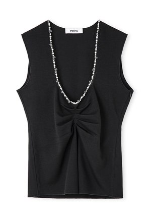 Top nero senza maniche con arricciatura frontale e collana applicata con perline bianche e trasparenti, etichettato IPEKYOL.