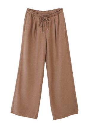 Szerokie spodnie wykonane z miękkiego brązowego materiału. Posiadają elastyczny pas ze sznurkiem i boczne kieszenie. Gładka tekstura, jednolity kolor.