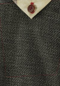 Dark fabric with a herringbone pattern, featuring red stitching, a beige collar, and a brown button with a detailed design.