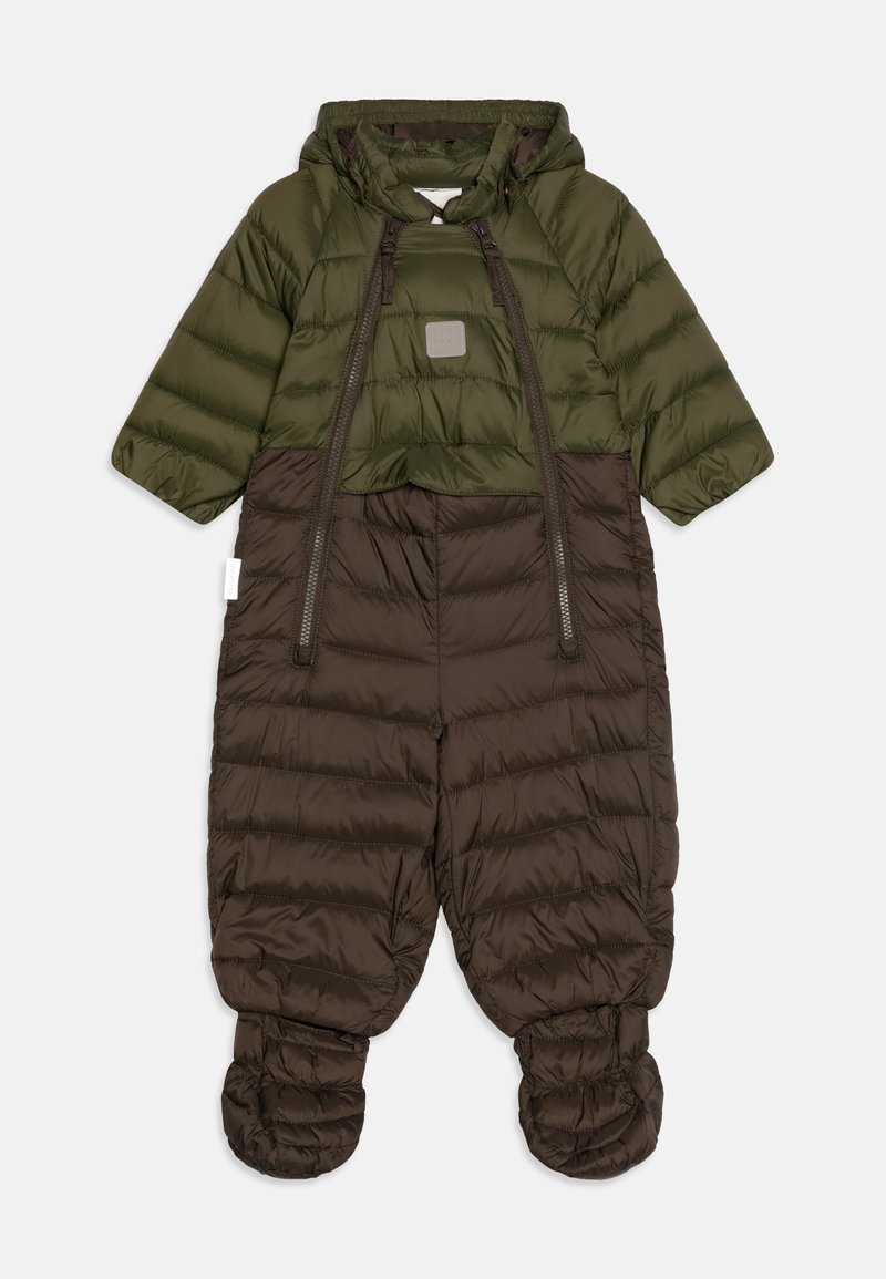 Padded dvoubarevný snowsuit v tmavě zelené a hnědé barvě, vybavený kapucí, detaily se zipem a elastickými manžetami s integrovanými botičkami.