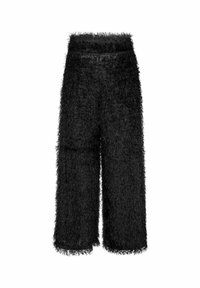 Zwarte, gestructureerde wijde broek gemaakt van pluizig materiaal; heeft een hoge taille en cropped lengte met franjes aan de onderkant.