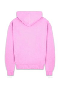 Lyserød hoodie med snoretræk i hætten, ribbede cuffs og kant. Glat tekstur, afslappet design og ingen synlige logoer eller mønstre.