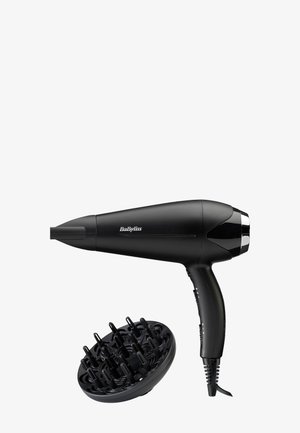 Schwarzer BaByliss Haartrockner mit Diffusor-Aufsatz vor weißem Hintergrund, Kabel an der Griffbasis sichtbar.