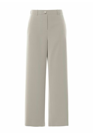 Pantalon gris clair à jambes larges avec fermeture par bouton et zip, passants pour ceinture, et une finition lisse et ajustée.