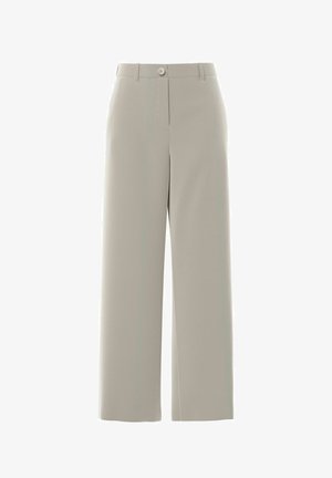 Pantalon gris clair à jambes larges avec fermeture par bouton et zip, passants pour ceinture, et une finition lisse et ajustée.