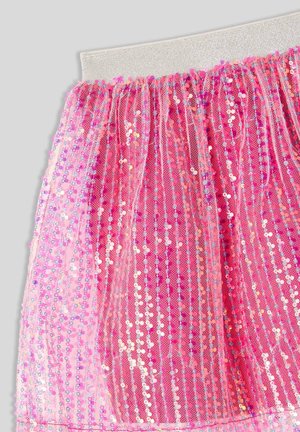 Gonna in tulle rosa con paillettes e vita elastica. Presenta strisce orizzontali di paillettes che brillano in diverse tonalità di rosa e argento.