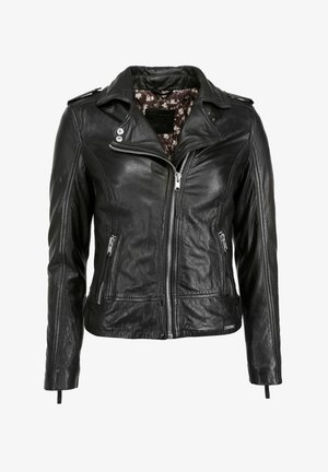 Schwarze Leder-Motorradjacke mit silbernen Reißverschlüssen, Seitentaschen und floralem Innenfutter. Mit Schulterpatches ausgestattet.