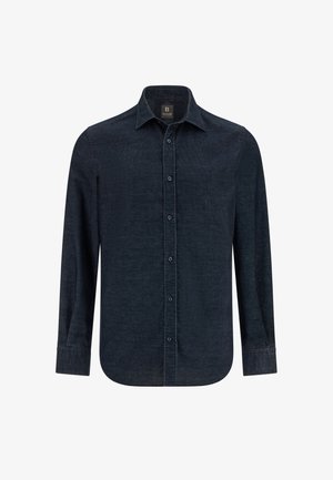 Donkerblauwe blouse met lange mouwen, gemaakt van een gestructureerde stof, met een puntige kraag, knoopsluiting aan de voorkant en een afgeronde zoom. De knopen zijn in dezelfde kleur als de blouse.